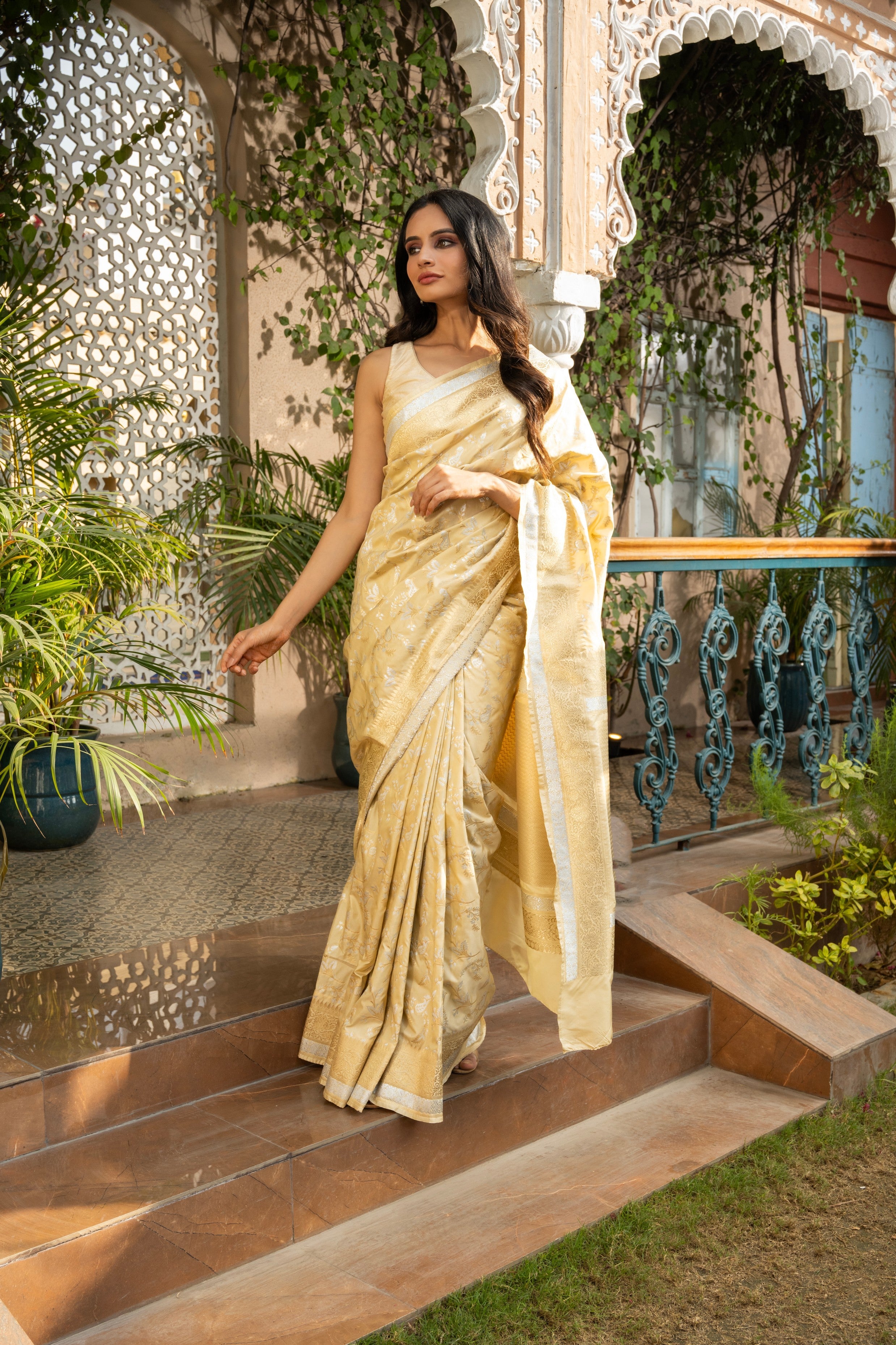 Cream Pure Katan Kadhwa Work Silk Banarasi Handloom saree
