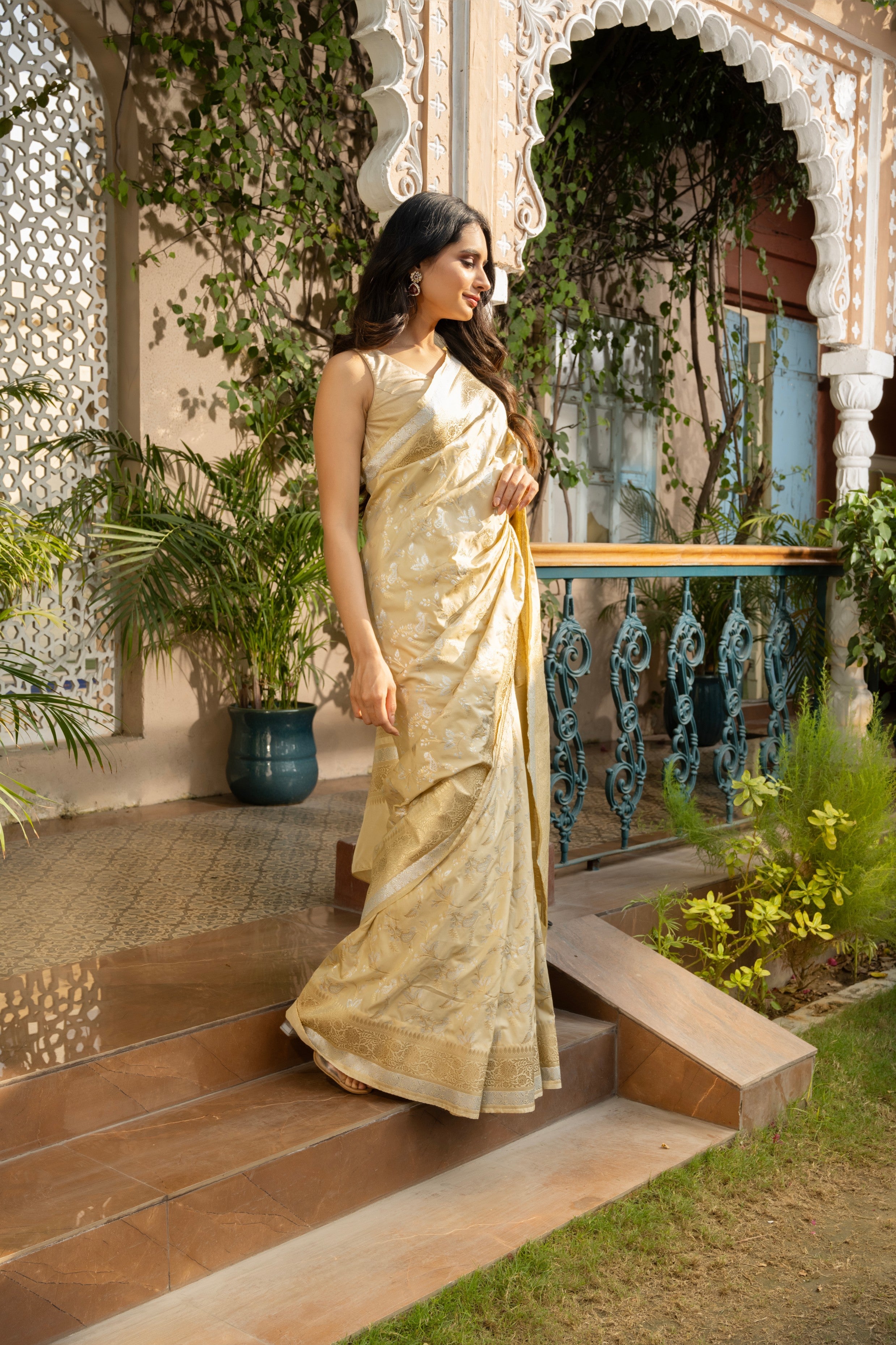 Cream Pure Katan Kadhwa Work Silk Banarasi Handloom saree