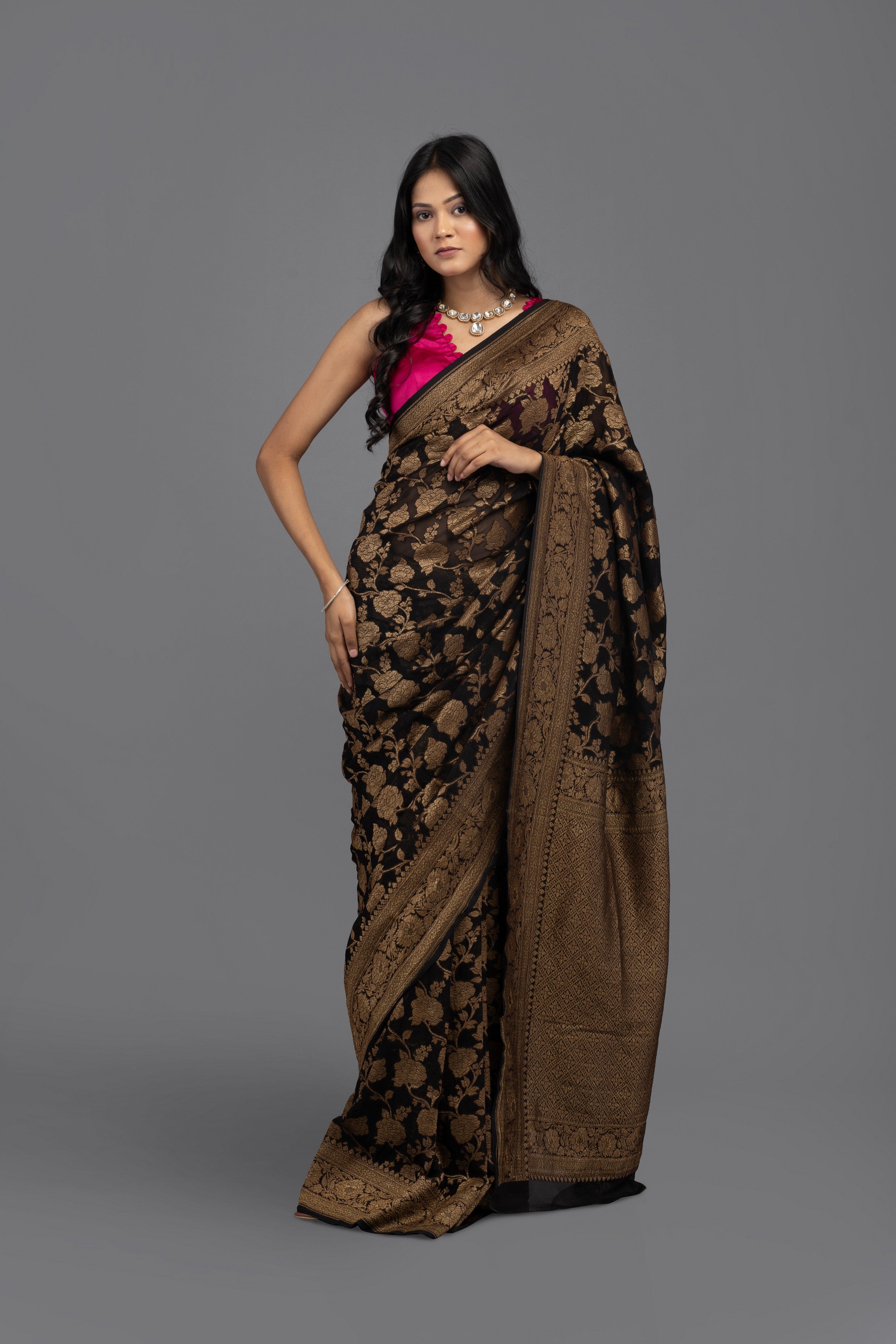 Black Pure Khaddi georgette Banarasi handloom Saree