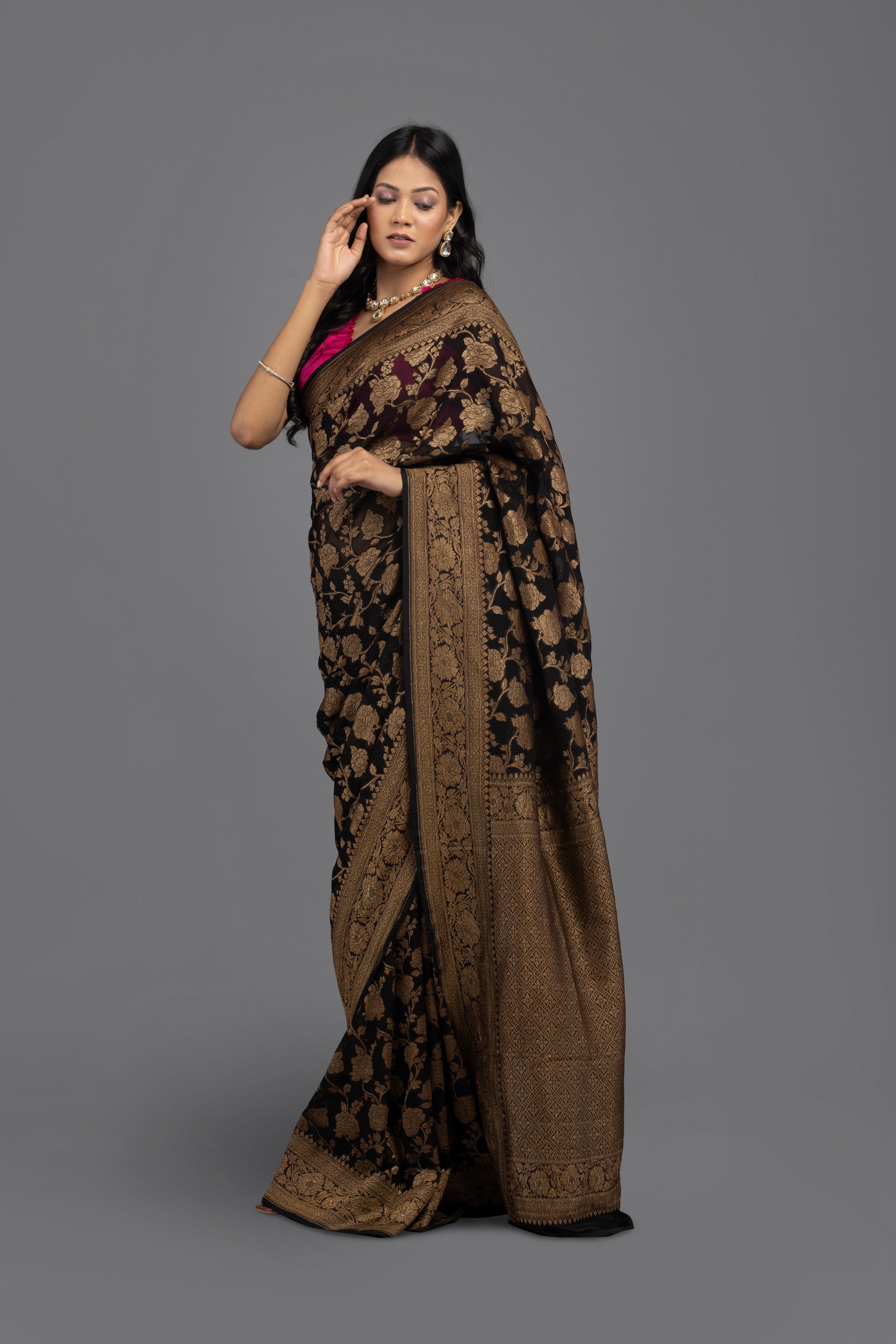 Black Pure Khaddi georgette Banarasi handloom Saree
