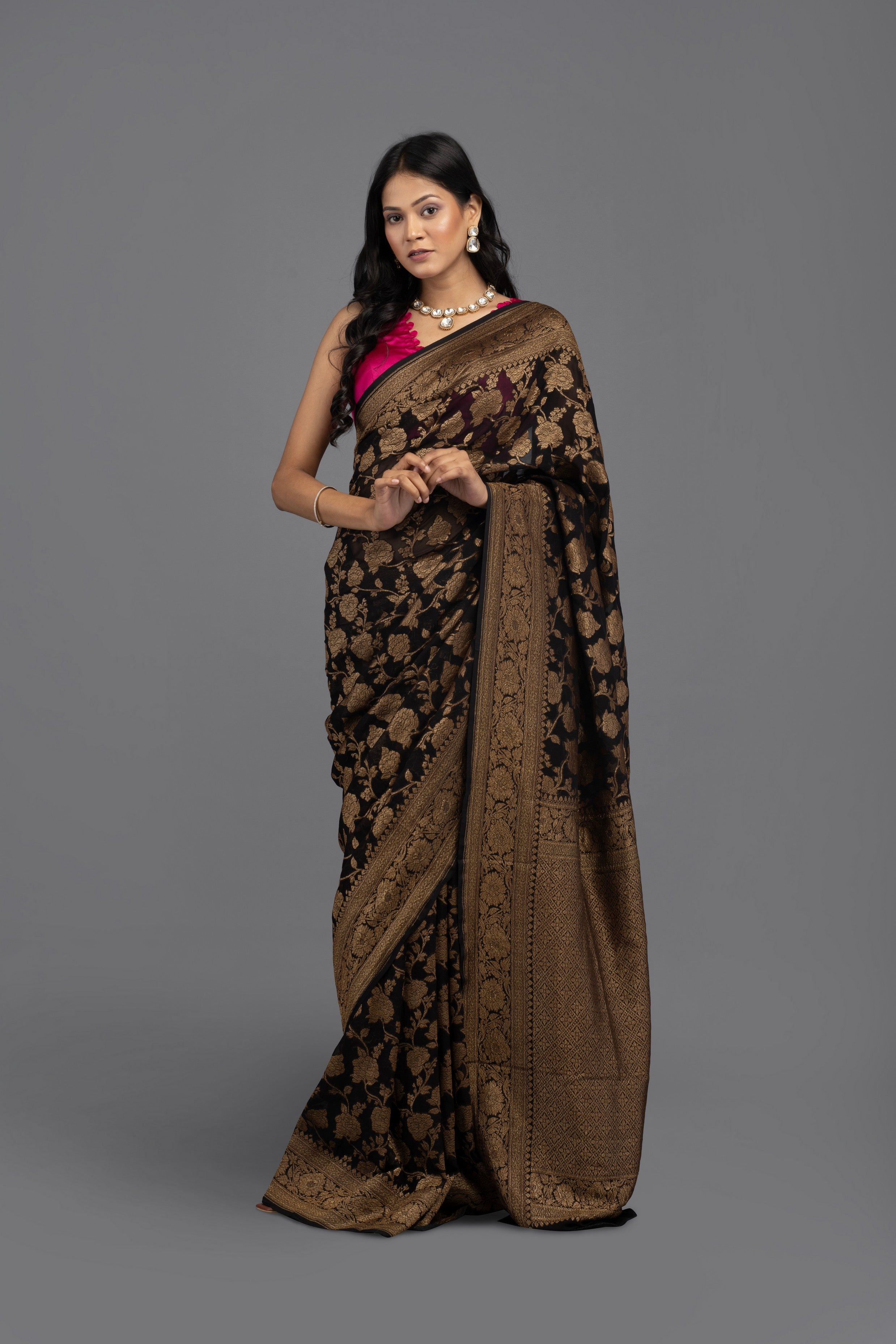 Black Pure Khaddi georgette Banarasi handloom Saree