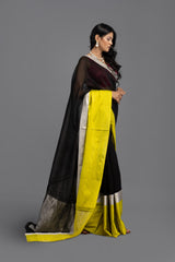 Black-Yellow Chanderi Silk Banarasi handloom Saree