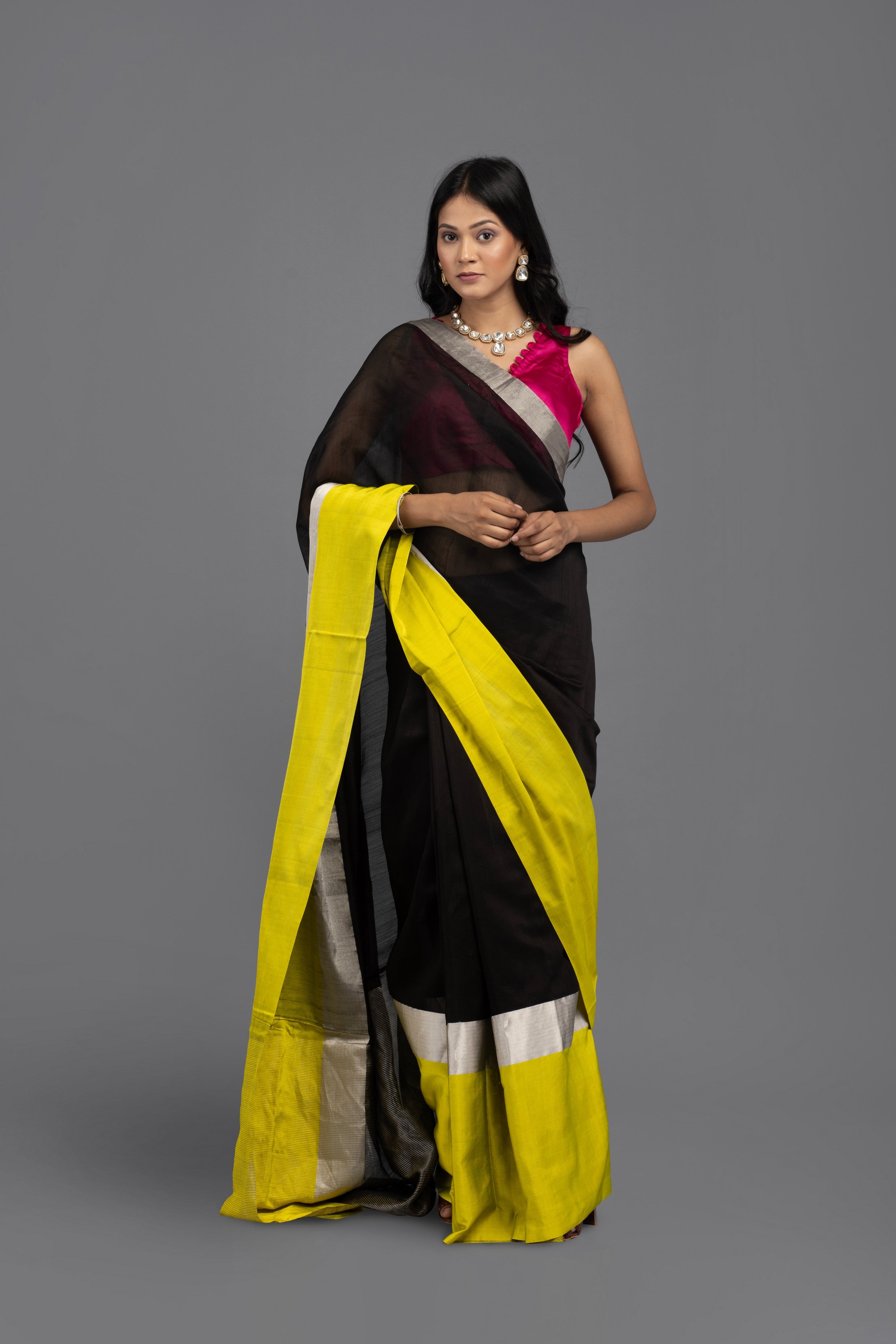 Black-Yellow Chanderi Silk Banarasi handloom Saree