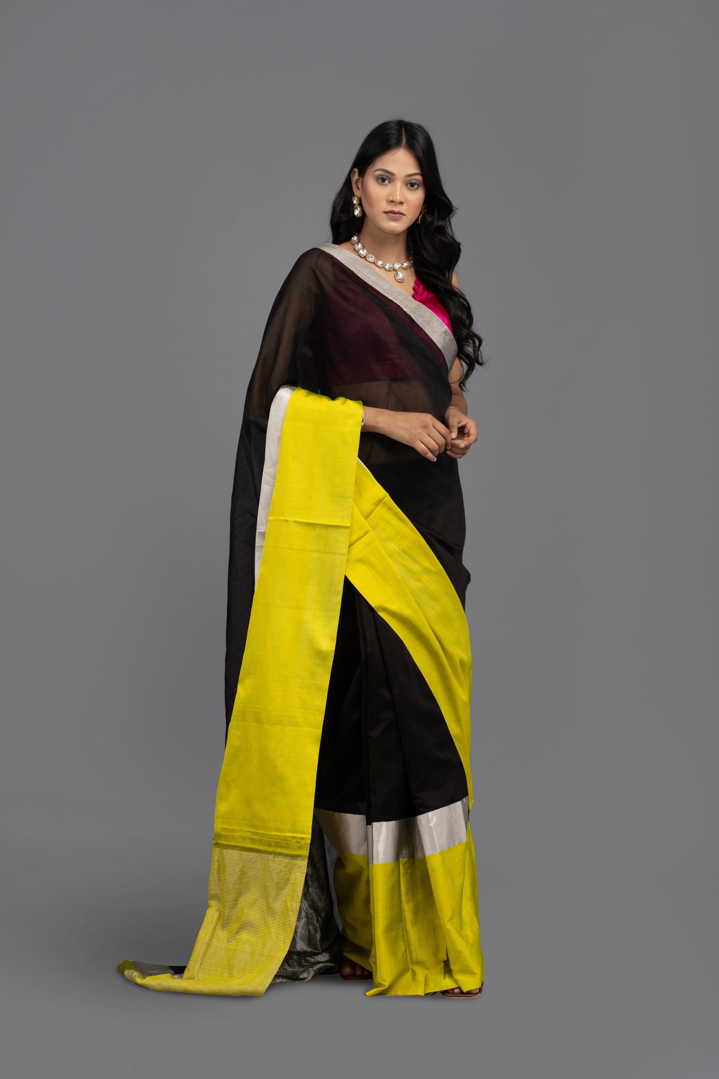 Black-Yellow Chanderi Silk Banarasi handloom Saree