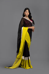 Black-Yellow Chanderi Silk Banarasi handloom Saree