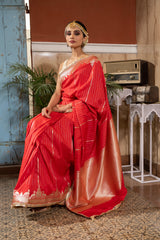 Red Stripe Pure Silk Banarasi Handloom Saree