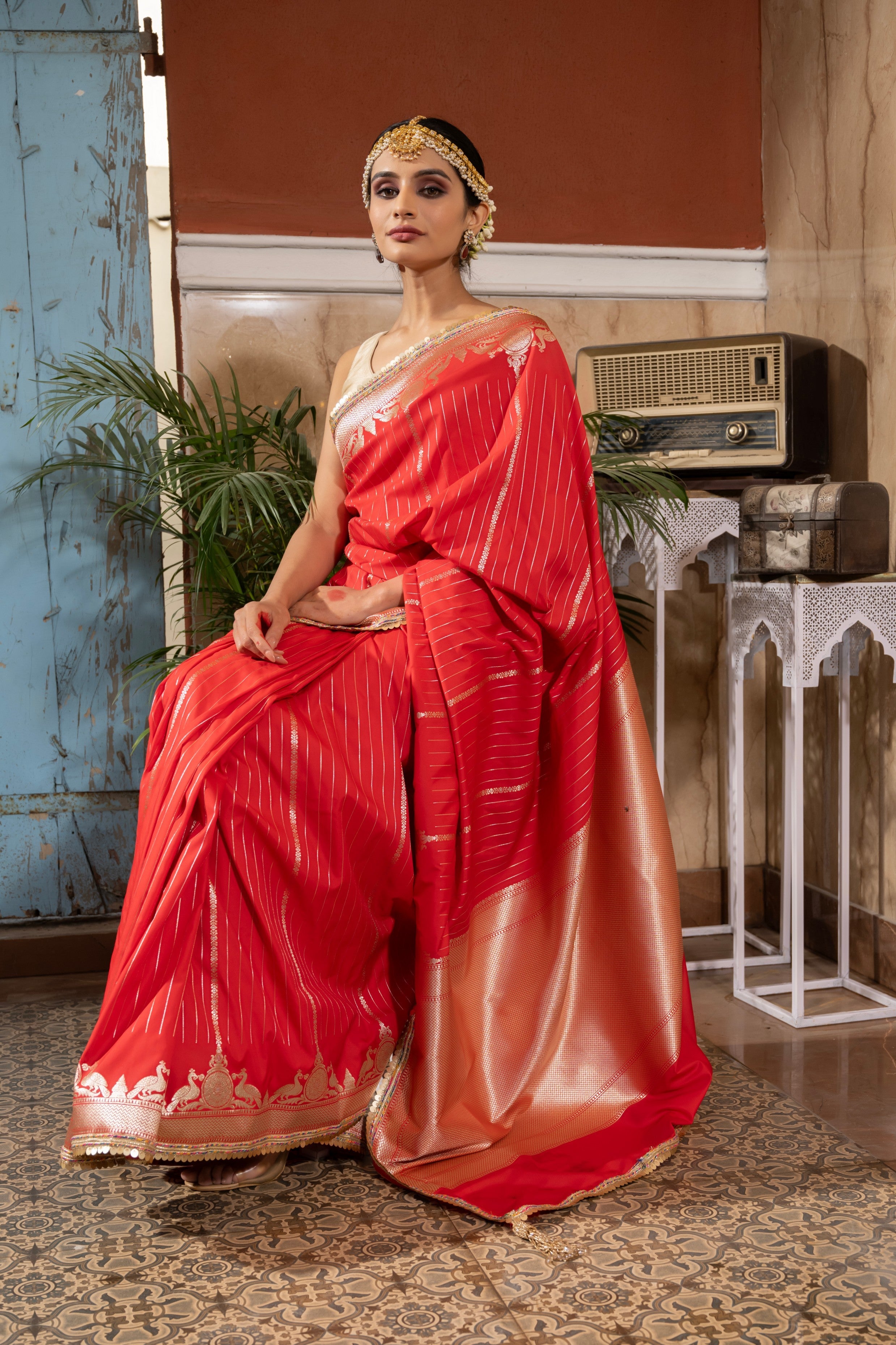Red Stripe Pure Silk Banarasi Handloom Saree