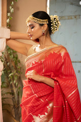 Red Stripe Pure Silk Banarasi Handloom Saree