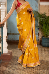 Mustard Yellow Pure Silk Banarasi Handloom Saree with Pearl work