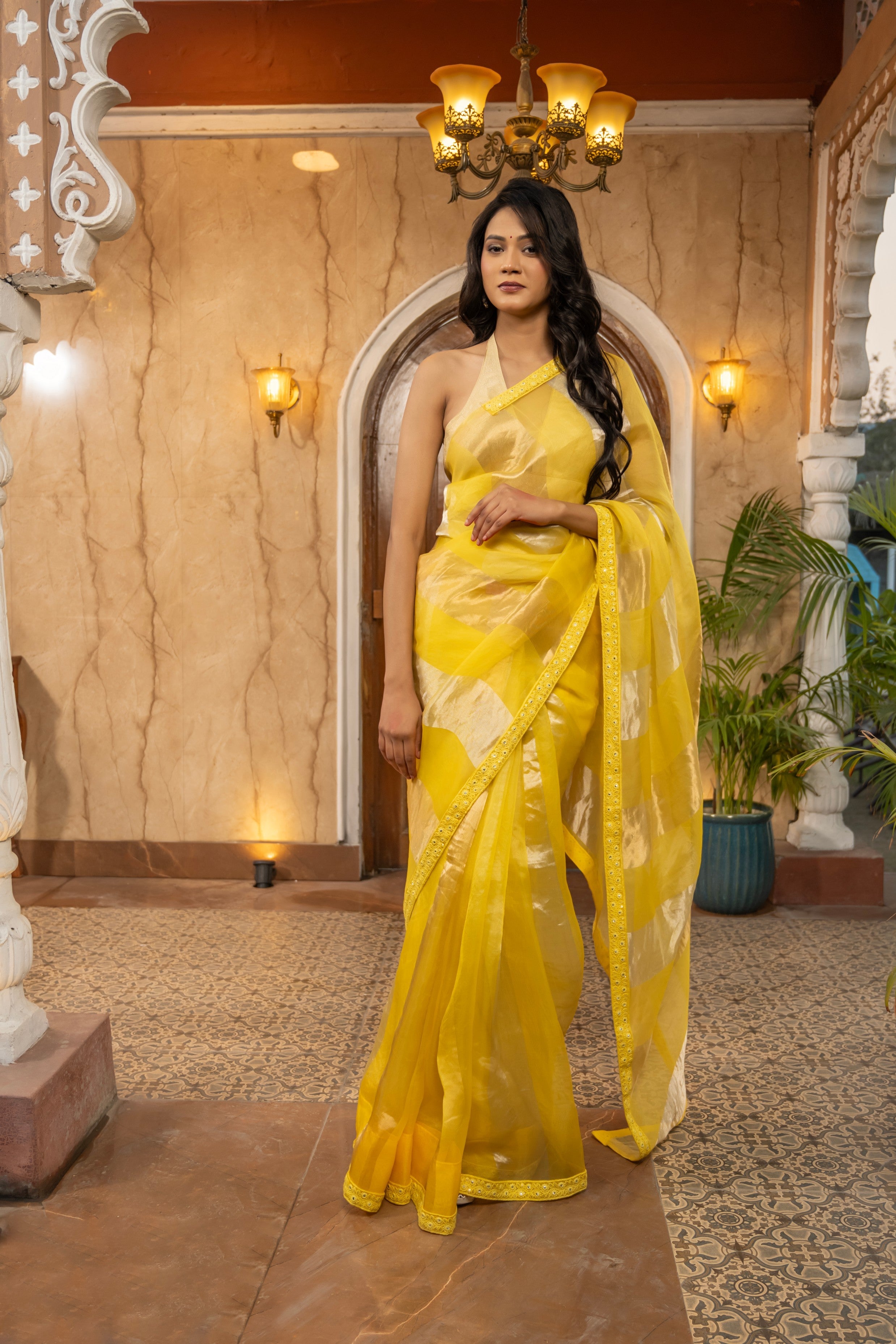 Lemon yellow Pure Organza Silk Stripe Zari Saree
