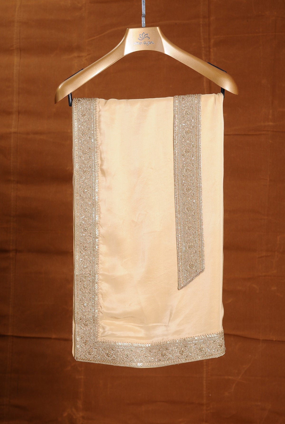 GOLD RAW SILK EMBROIDERED SHERWANI WITH A KALIDAR CHOGA AND CHURIDAR PYJAMA IN BEIGE MONGA TUSSAR