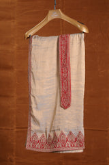 RED MATKA SILK EMBROIDERED SHERWANI WITH BEIGE MONGA TUSSAR KALIDAR KURTA AND CHURIDAR