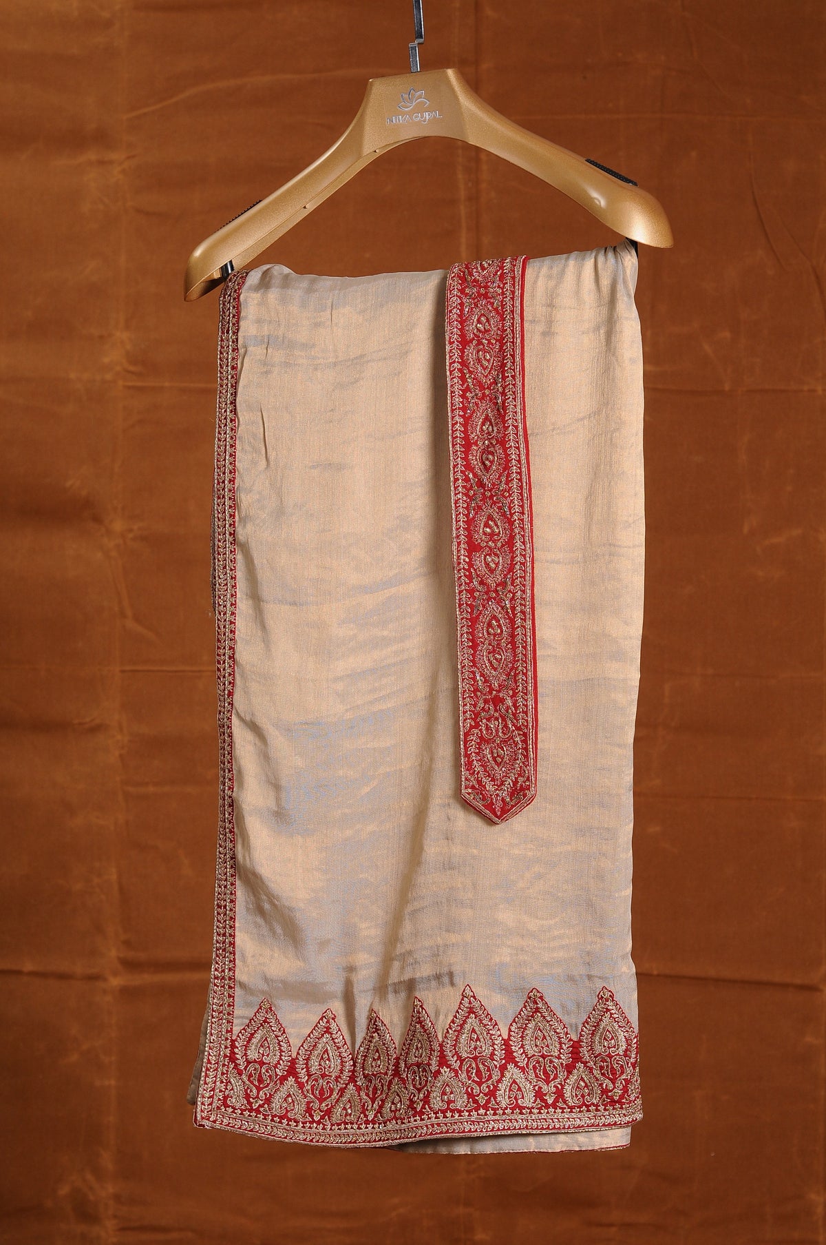 RED MATKA SILK EMBROIDERED SHERWANI WITH BEIGE MONGA TUSSAR KALIDAR KURTA AND CHURIDAR
