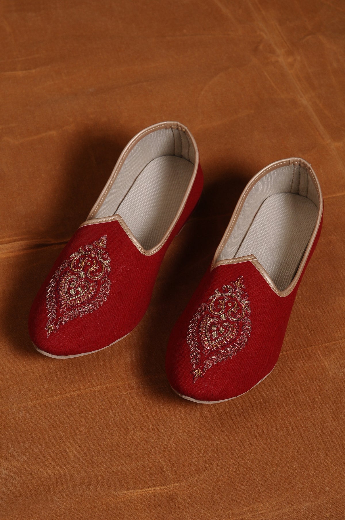 RED MATKA SILK EMBROIDERED SHERWANI WITH BEIGE MONGA TUSSAR KALIDAR KURTA AND CHURIDAR