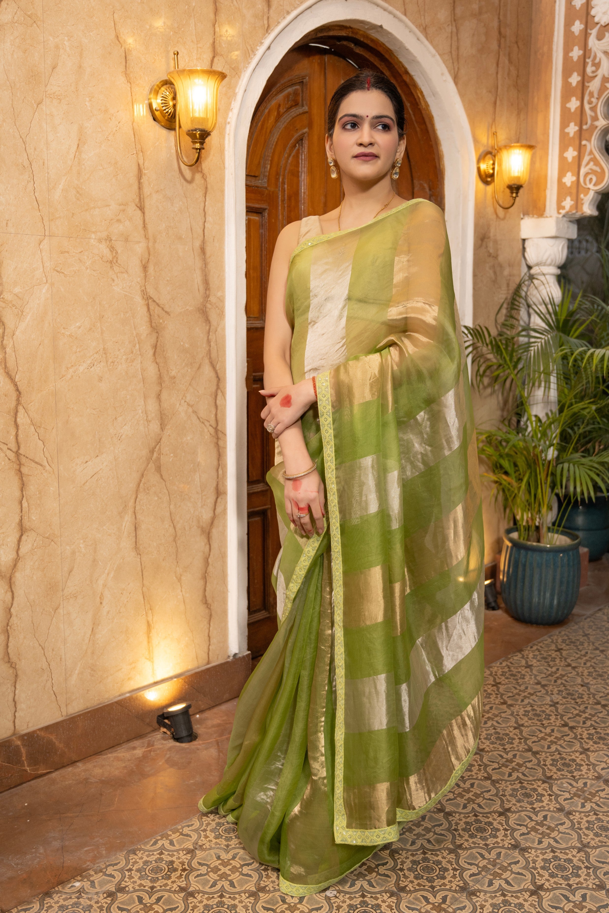 Pista Green Pure Organza Silk Stripe Zari Saree