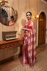 Onion Pink Pure Organza Silk Stripe Zari Saree