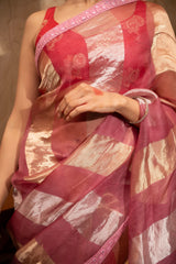 Onion Pink Pure Organza Silk Stripe Zari Saree