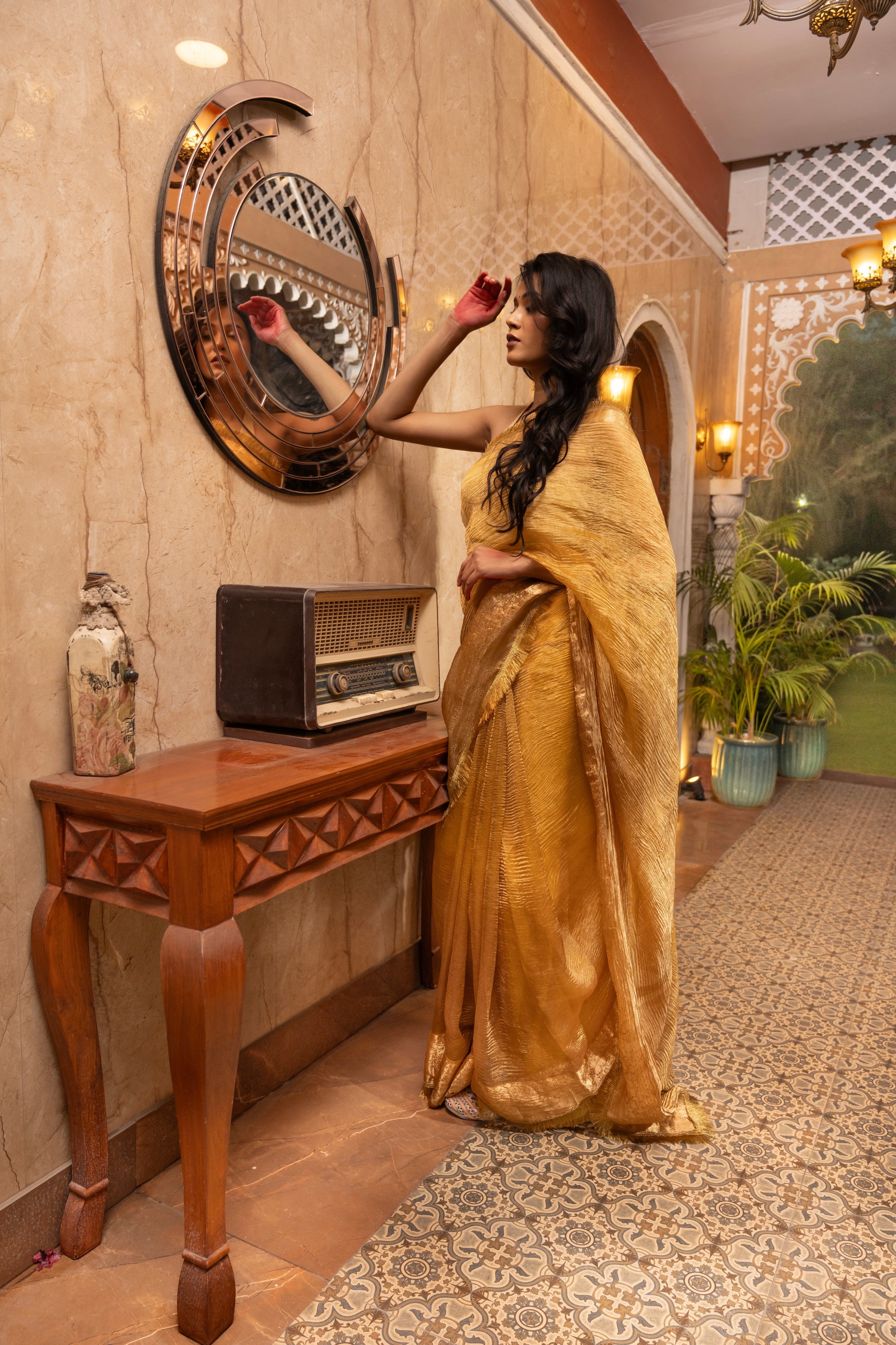 Golden Crushed Pure Tissue Silk Banarasi handloom Saree