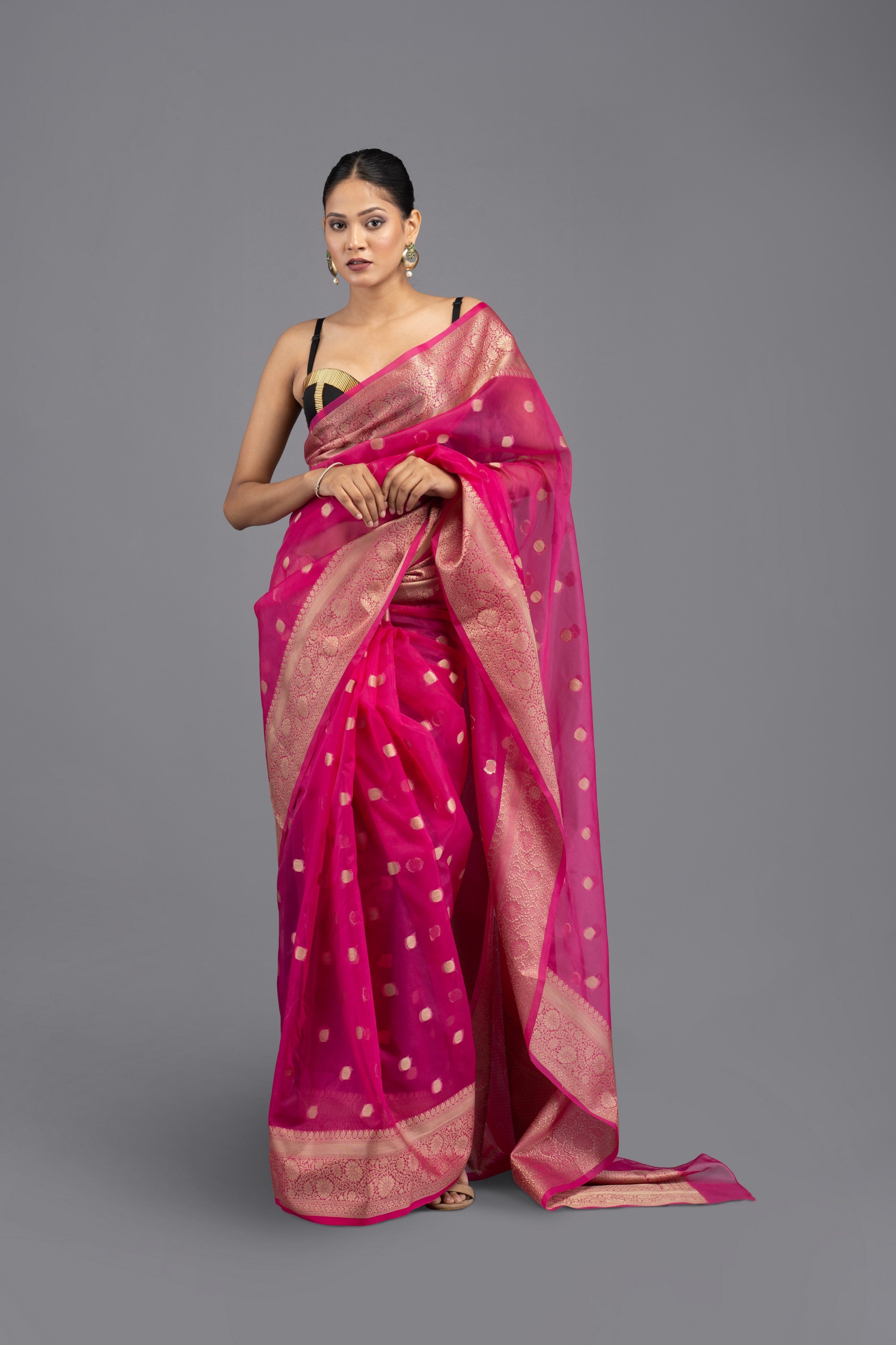 Hot Pink Kora Silk Banarasi Handloom Saree