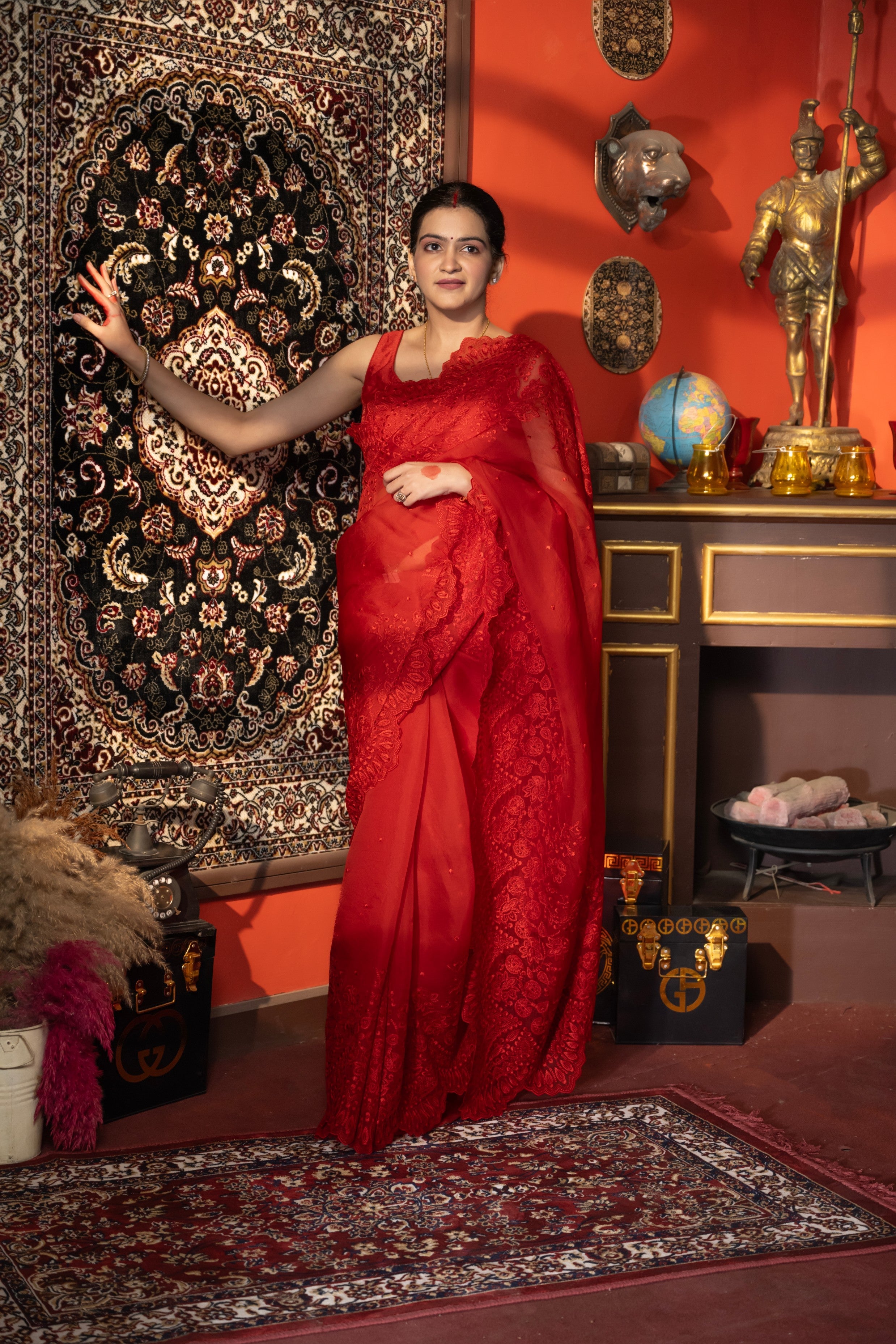 Red pure Organza Silk Saree with chikankari Hand Embroidery