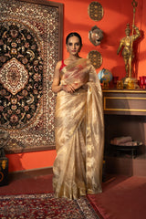 Golden Plain Pure Tissue Silk Banarasi Handloom Saree
