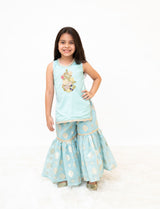 Blue Embroidered Kurti Sharara Set