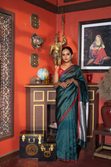 Silver-Bottle Green toned Pure Chanderi Silk Saree