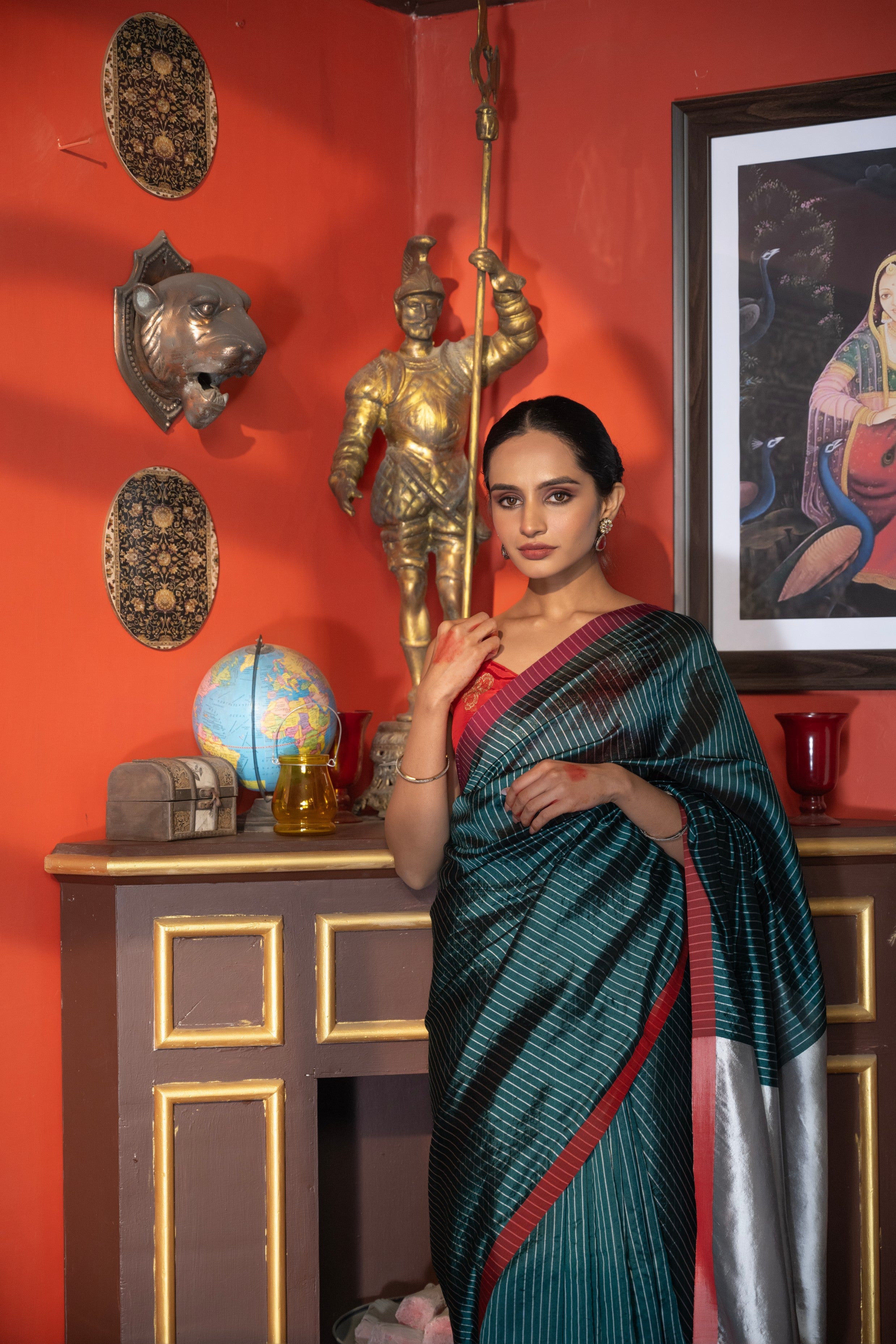 Silver-Bottle Green toned Pure Chanderi Silk Saree