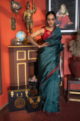 Silver-Bottle Green toned Pure Chanderi Silk Saree