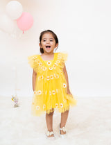 Yellow Floral Embroidered Net Dress