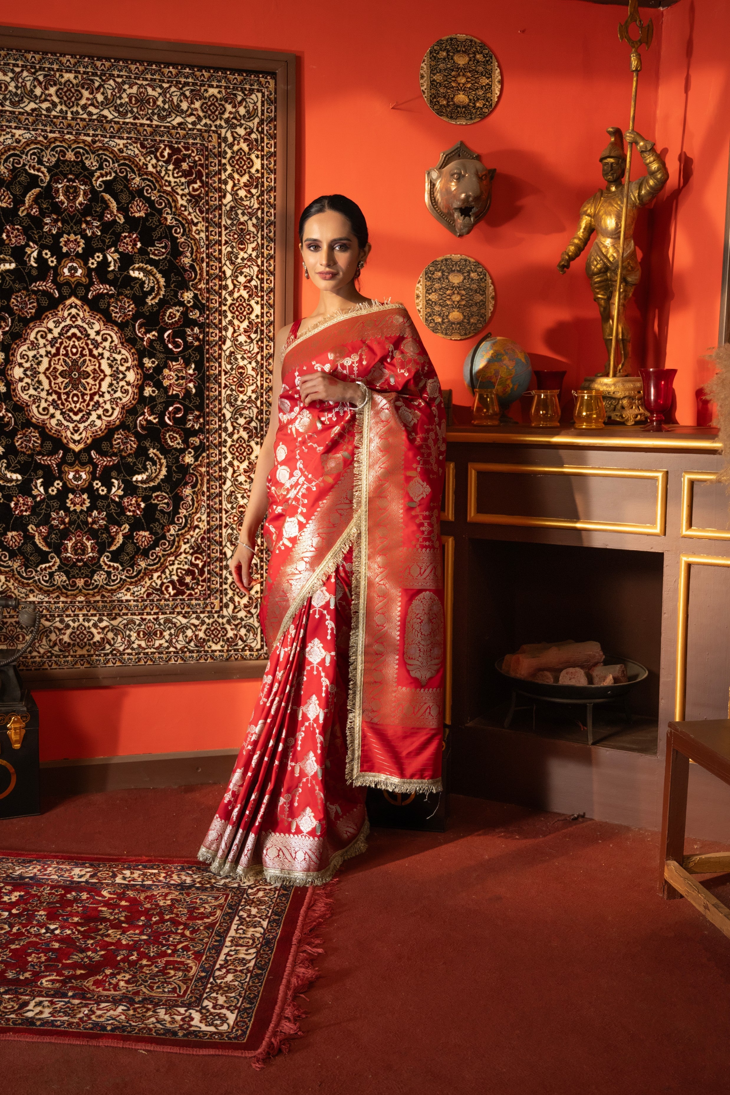 Red Pure Katan Silk Banarasi Jangla Work saree