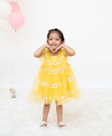 Yellow Floral Embroidered Net Dress