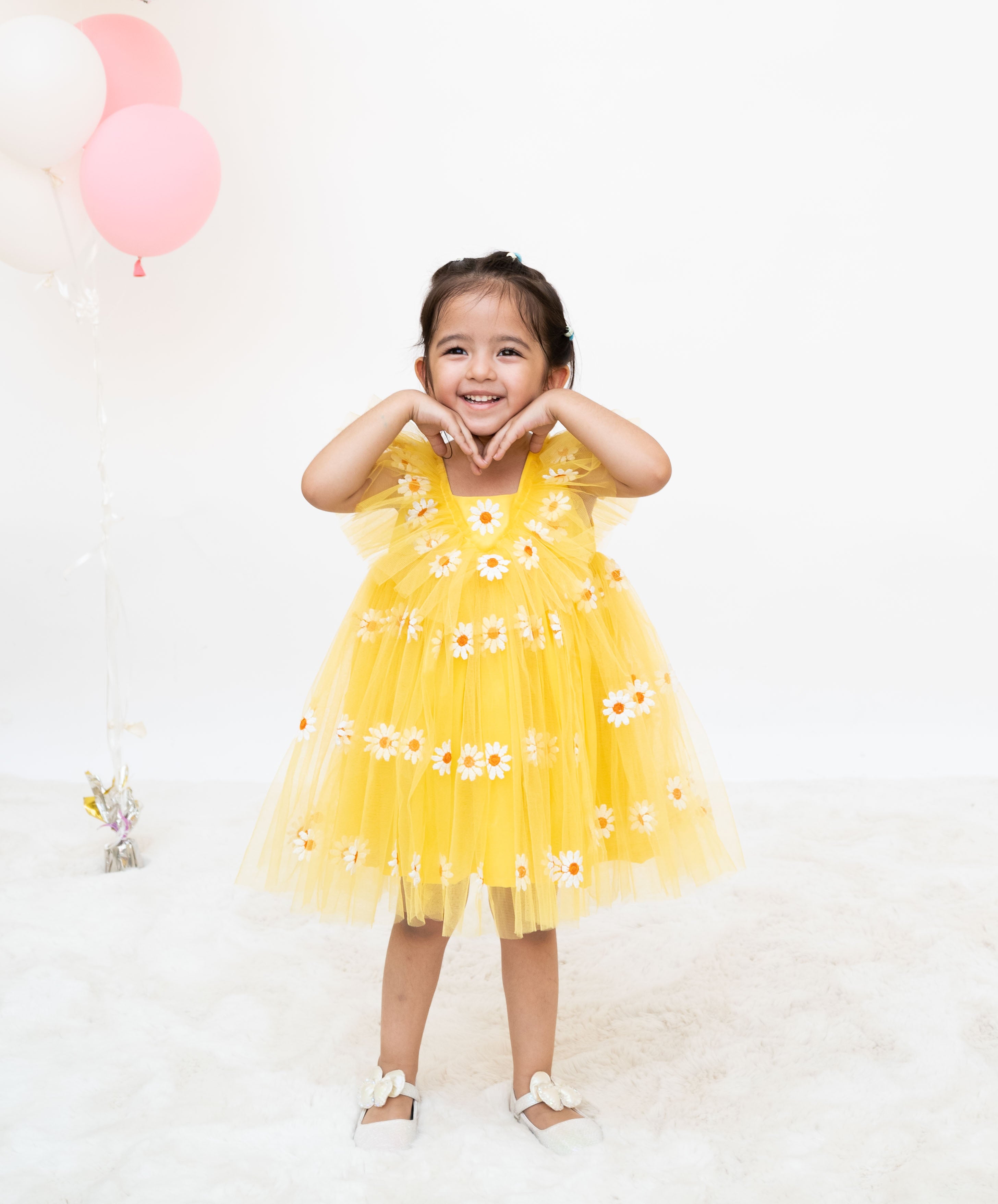 Yellow Floral Embroidered Net Dress