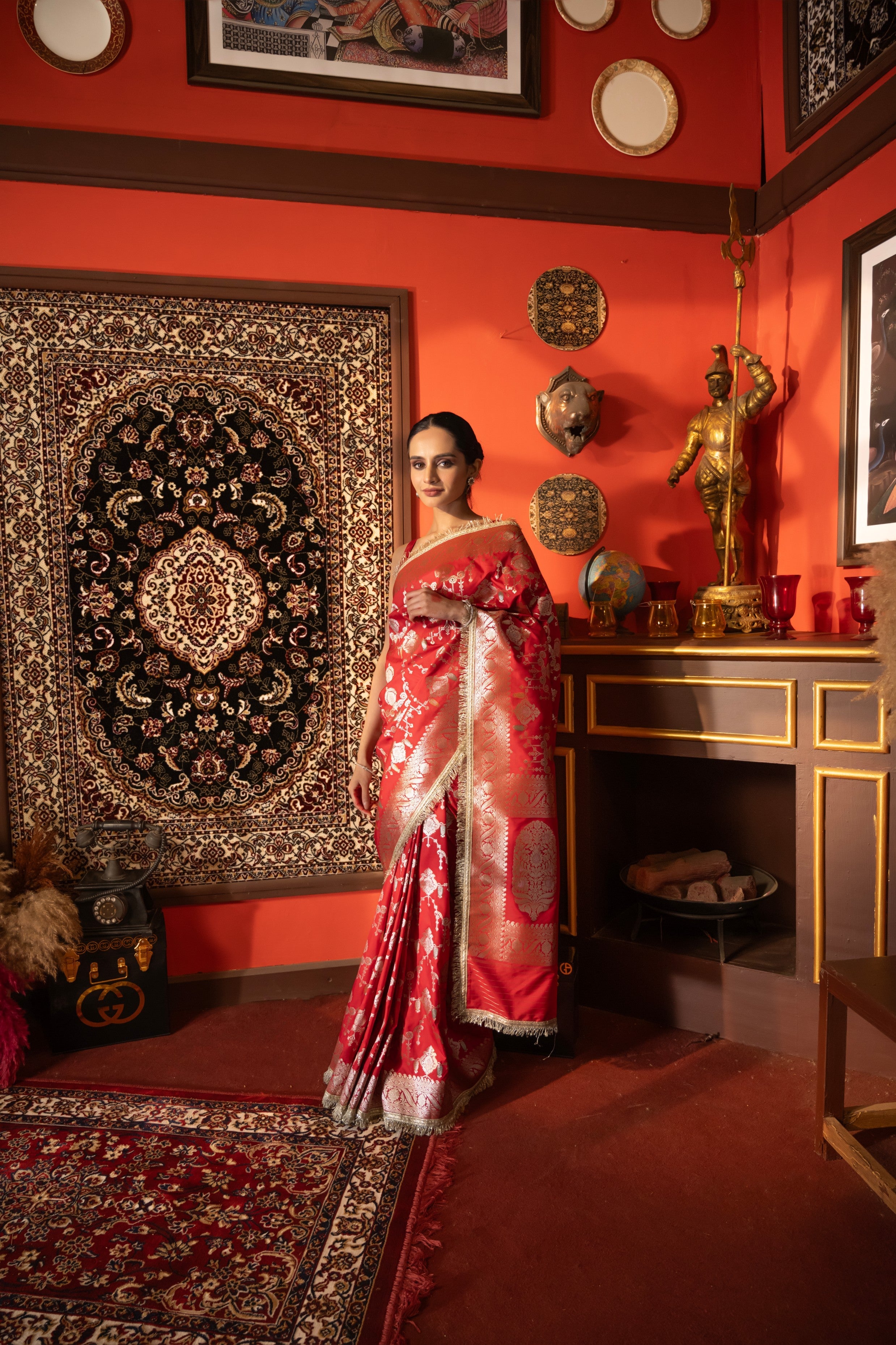 Red Pure Katan Silk Banarasi Jangla Work saree