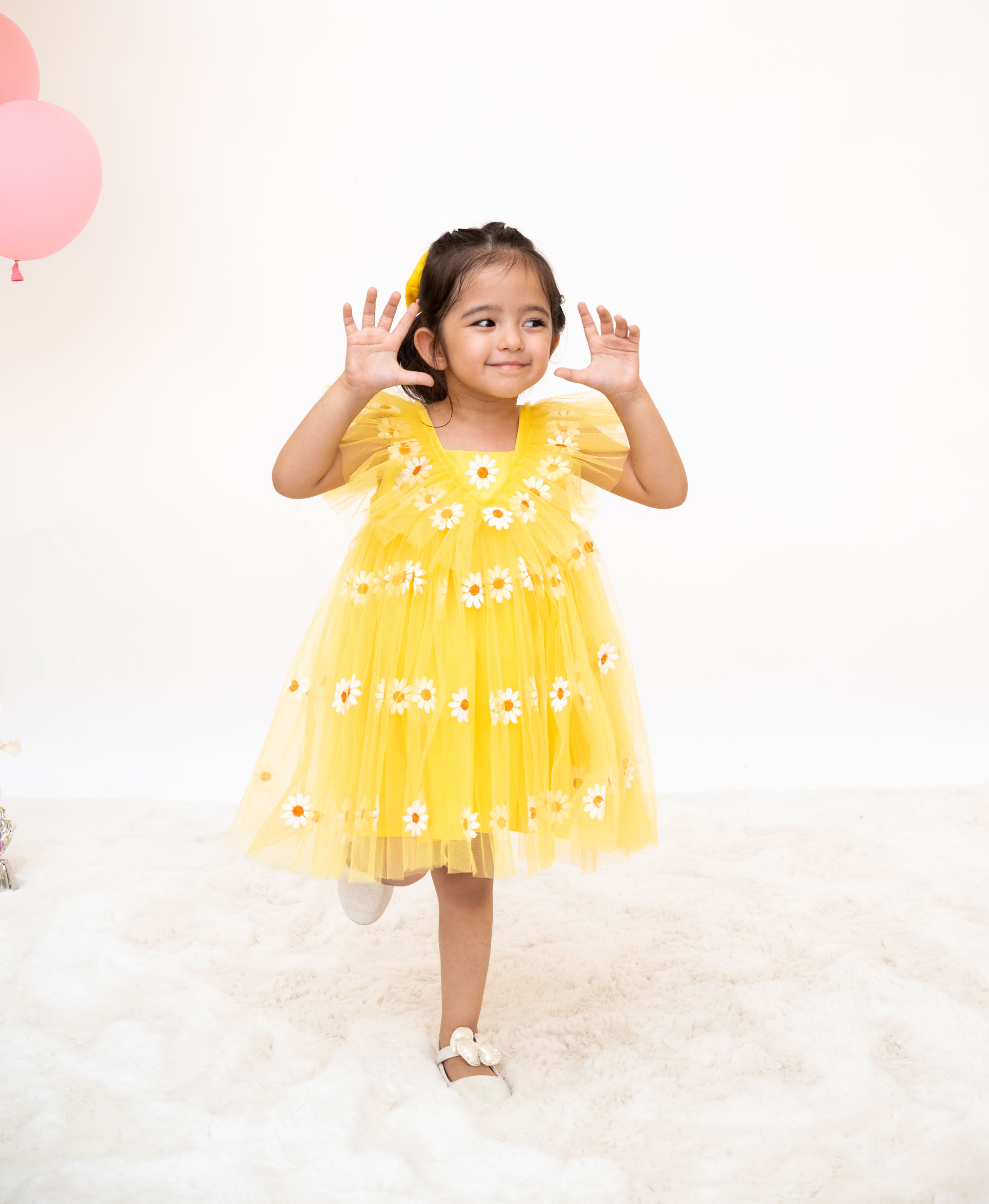 Yellow Floral Embroidered Net Dress