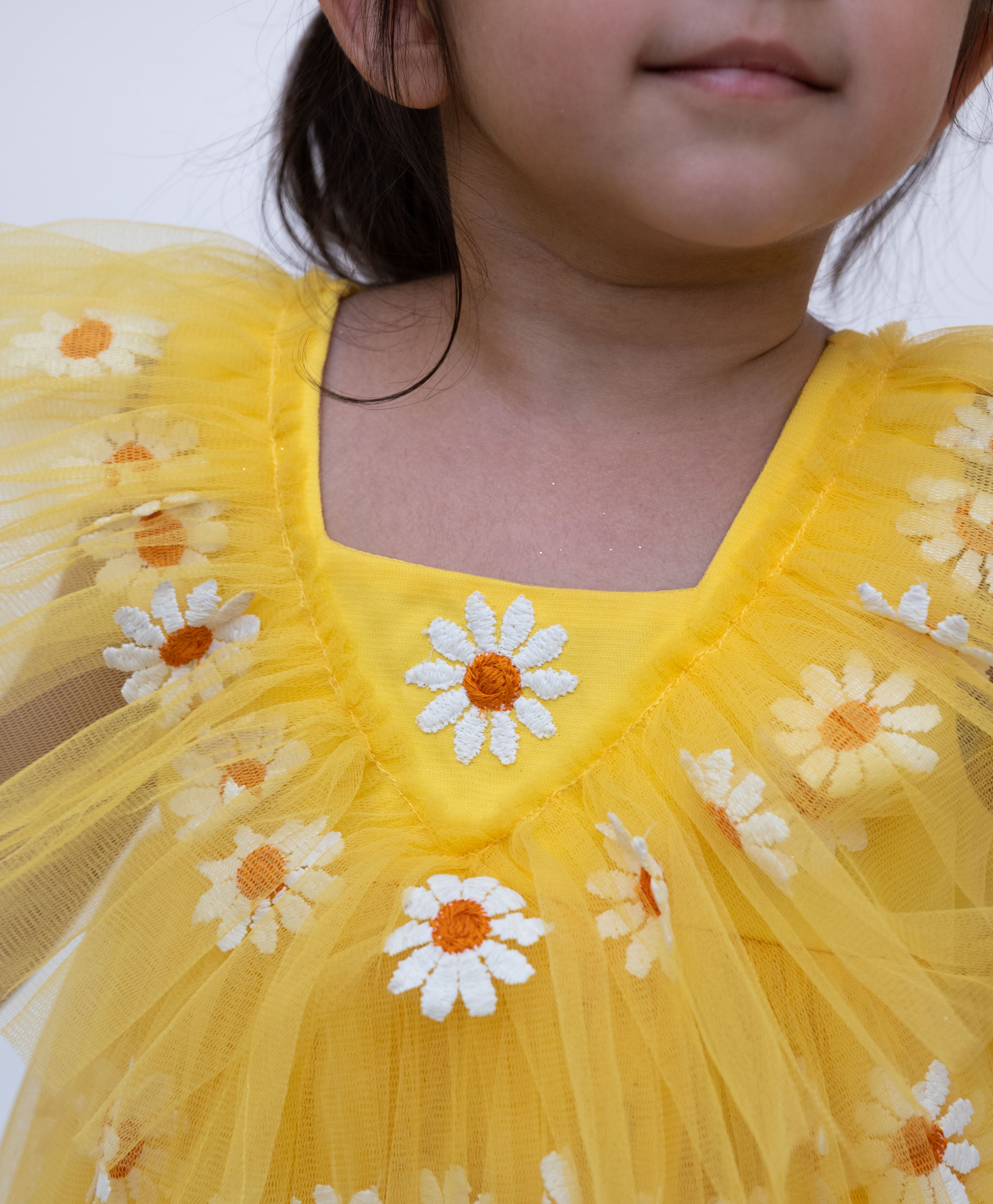Yellow Floral Embroidered Net Dress