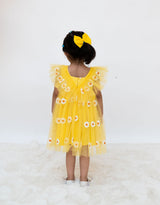 Yellow Floral Embroidered Net Dress