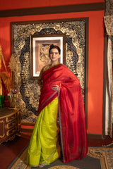 Neon Green-Pink Pure Chanderi Silk saree