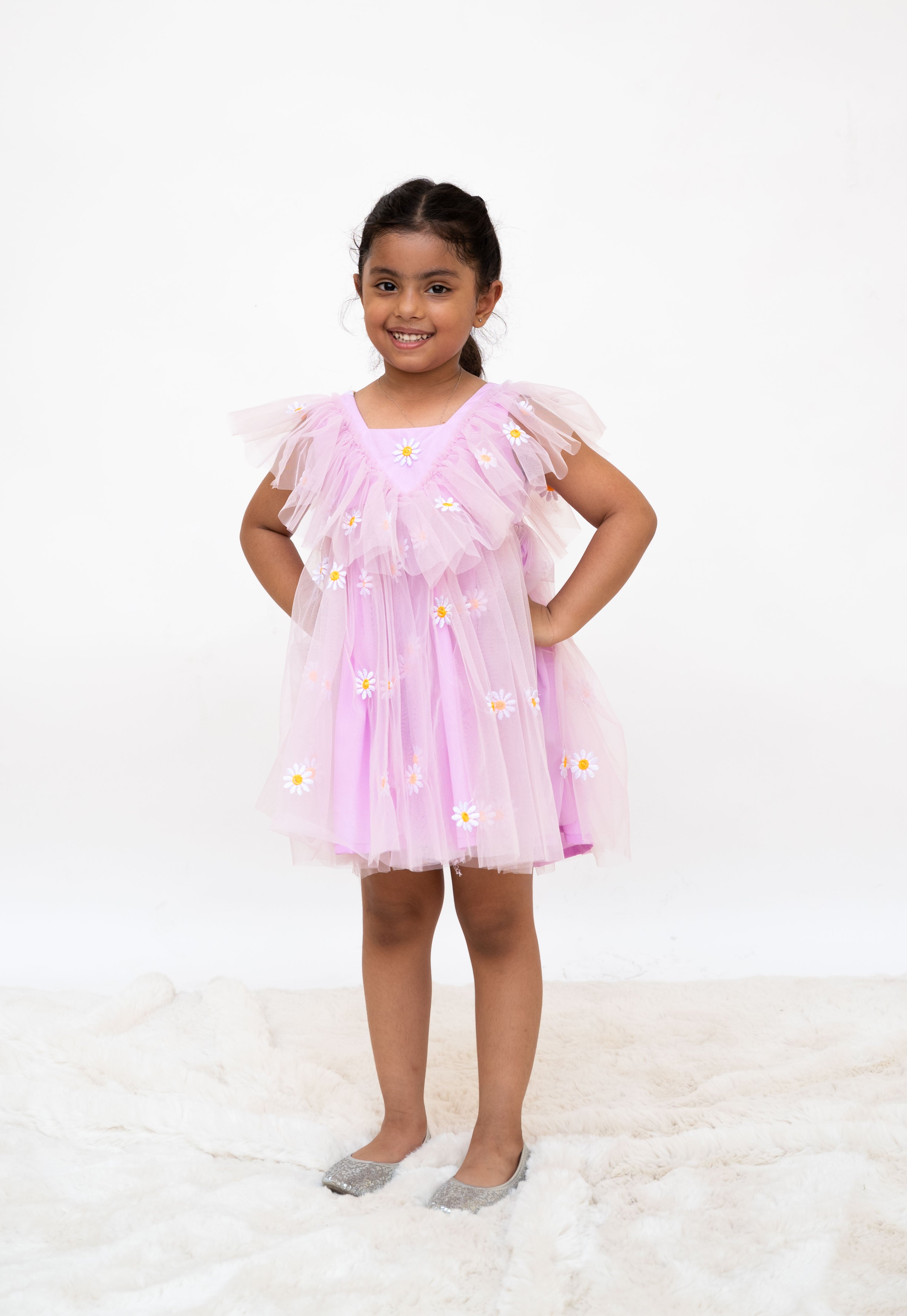 Lilac Floral Embroidered Net Dress