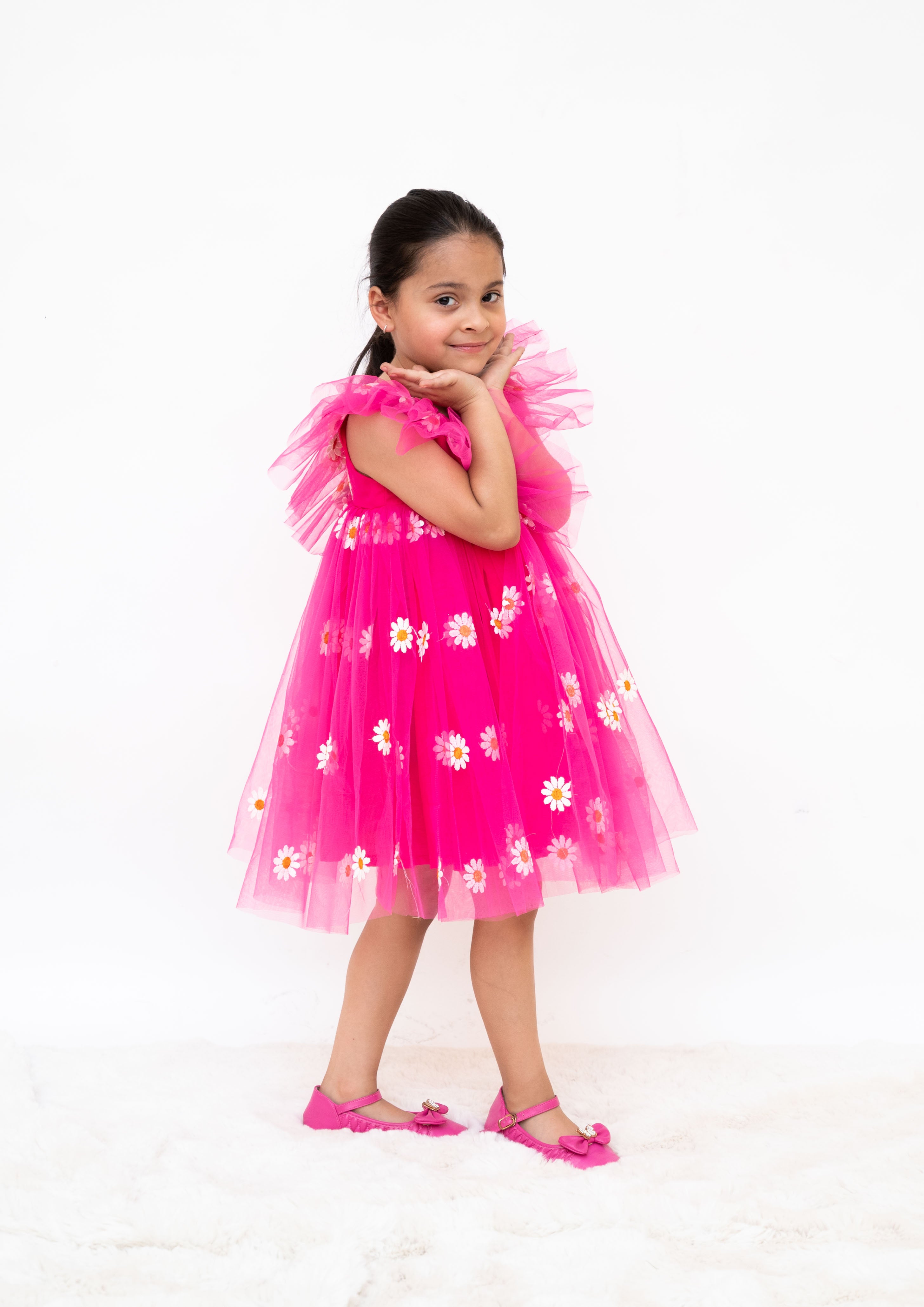 Pink Floral Embroidered Net Dress