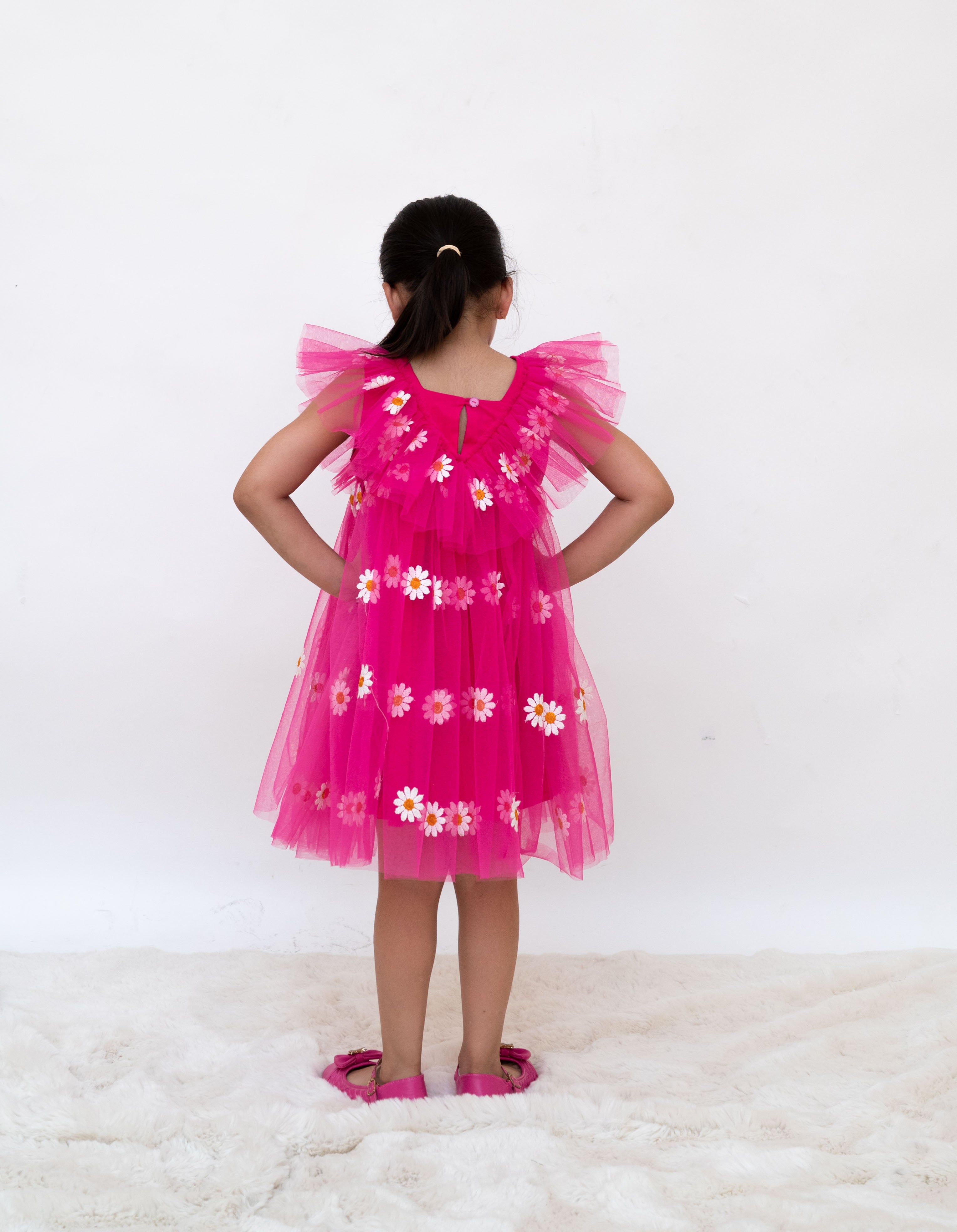 Pink Floral Embroidered Net Dress