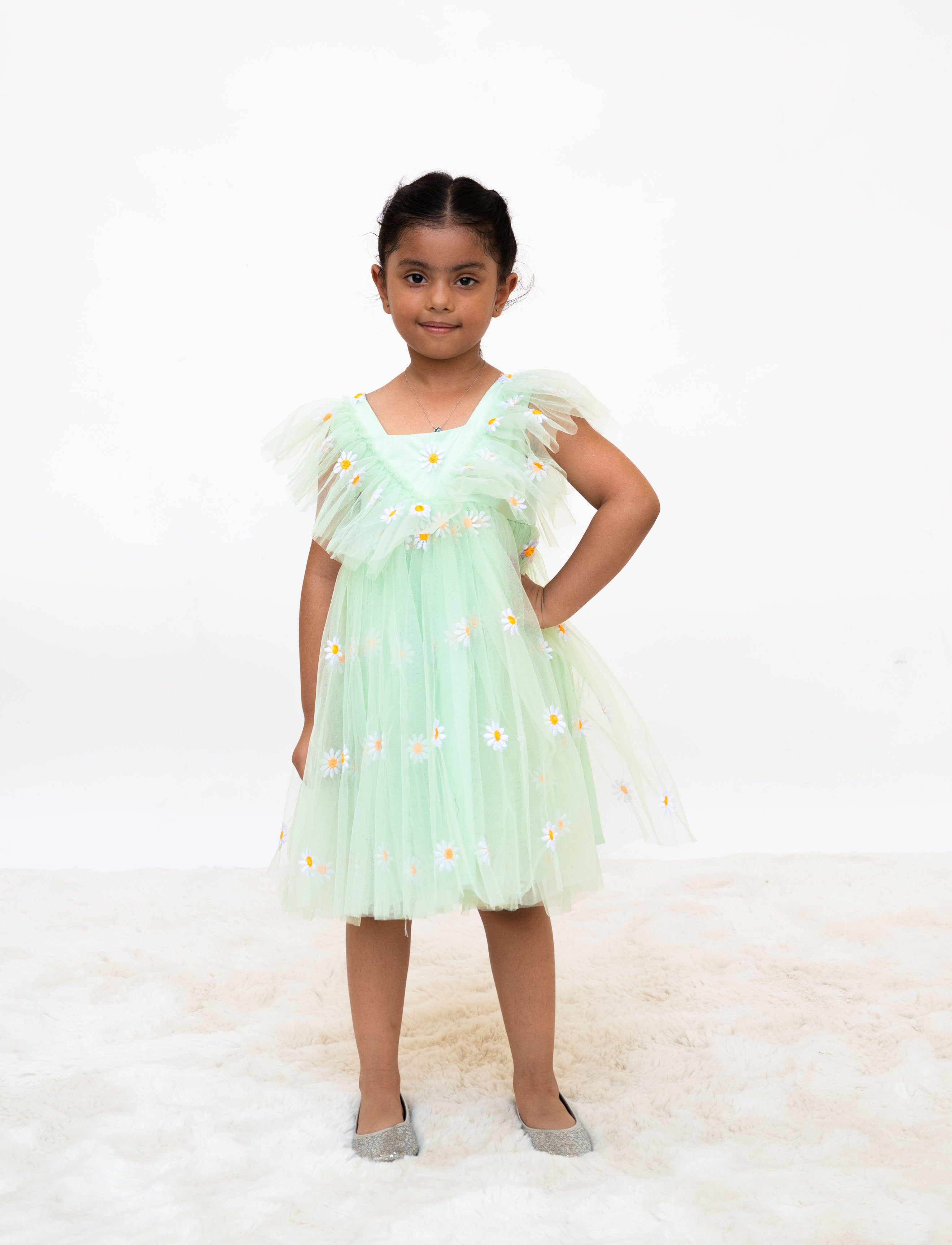 Green Floral Embroidered Net Dress