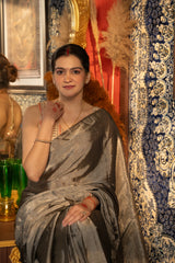 Smokey Grey Tissue Zari Pure Chanderi handloom Saree