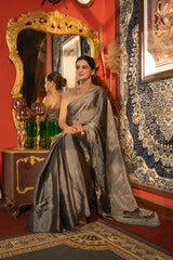 Smokey Grey Tissue Zari Pure Chanderi handloom Saree