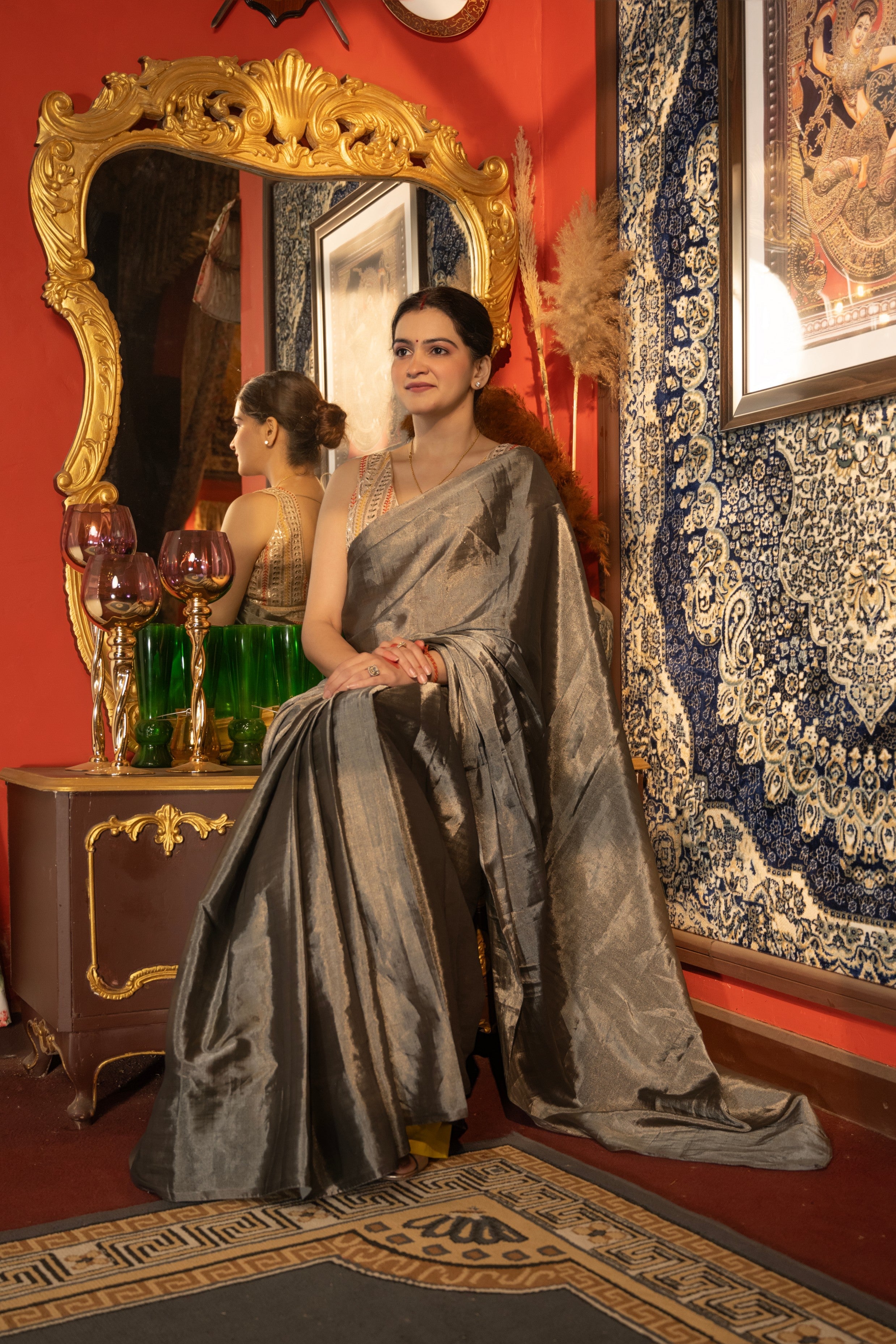 Smokey Grey Tissue Zari Pure Chanderi handloom Saree