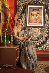 Smokey Grey Tissue Zari Pure Chanderi handloom Saree