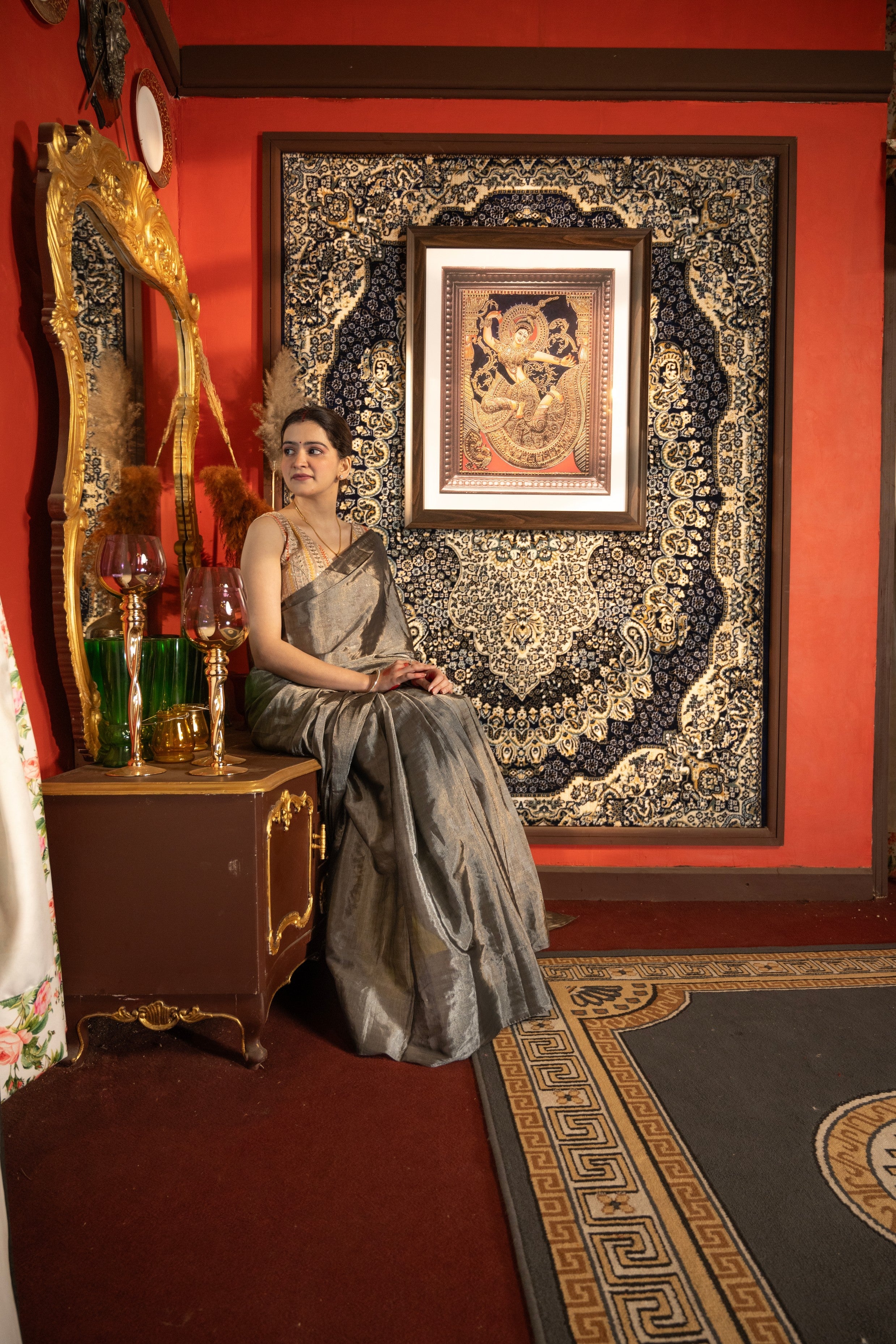 Smokey Grey Tissue Zari Pure Chanderi handloom Saree