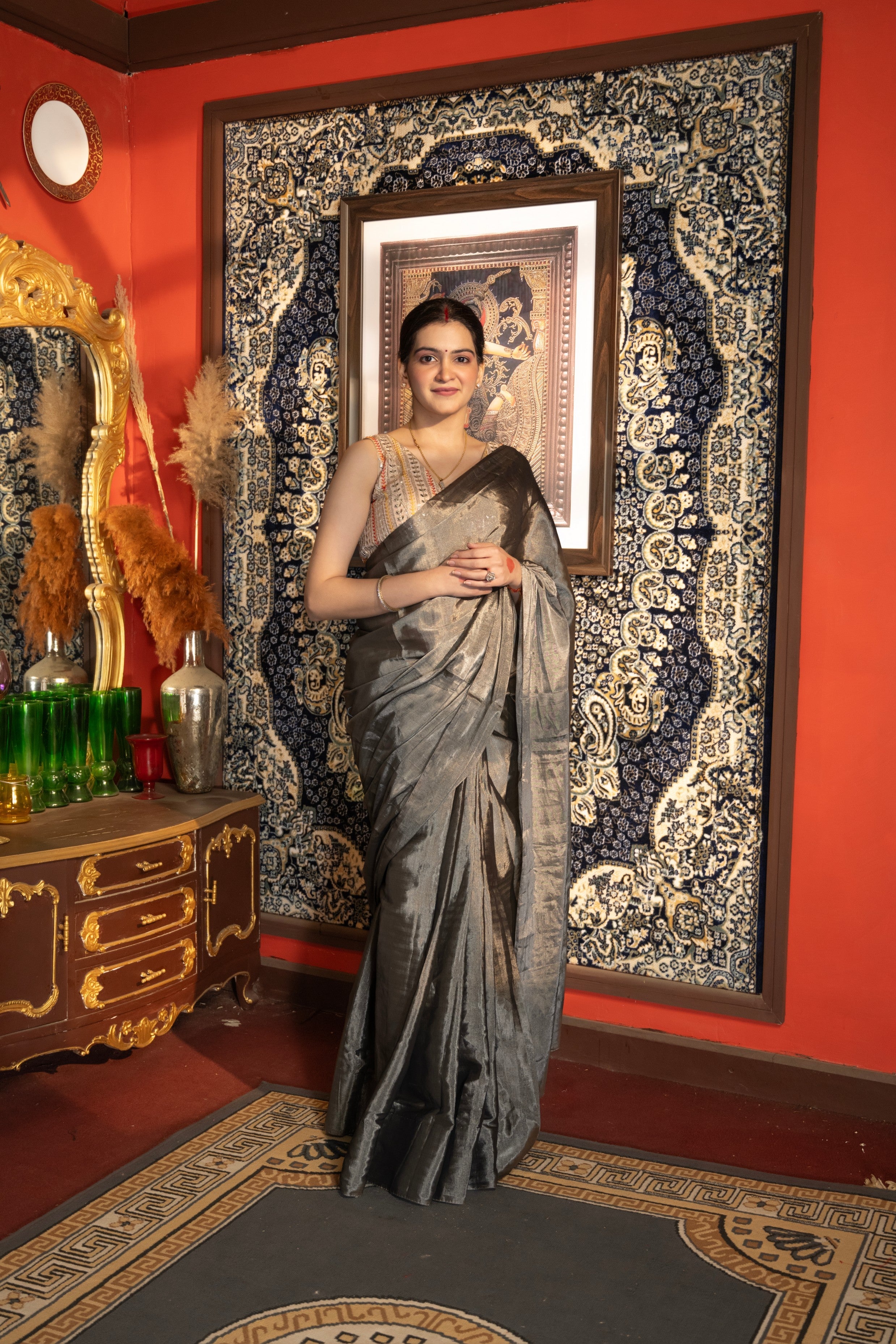 Smokey Grey Tissue Zari Pure Chanderi handloom Saree