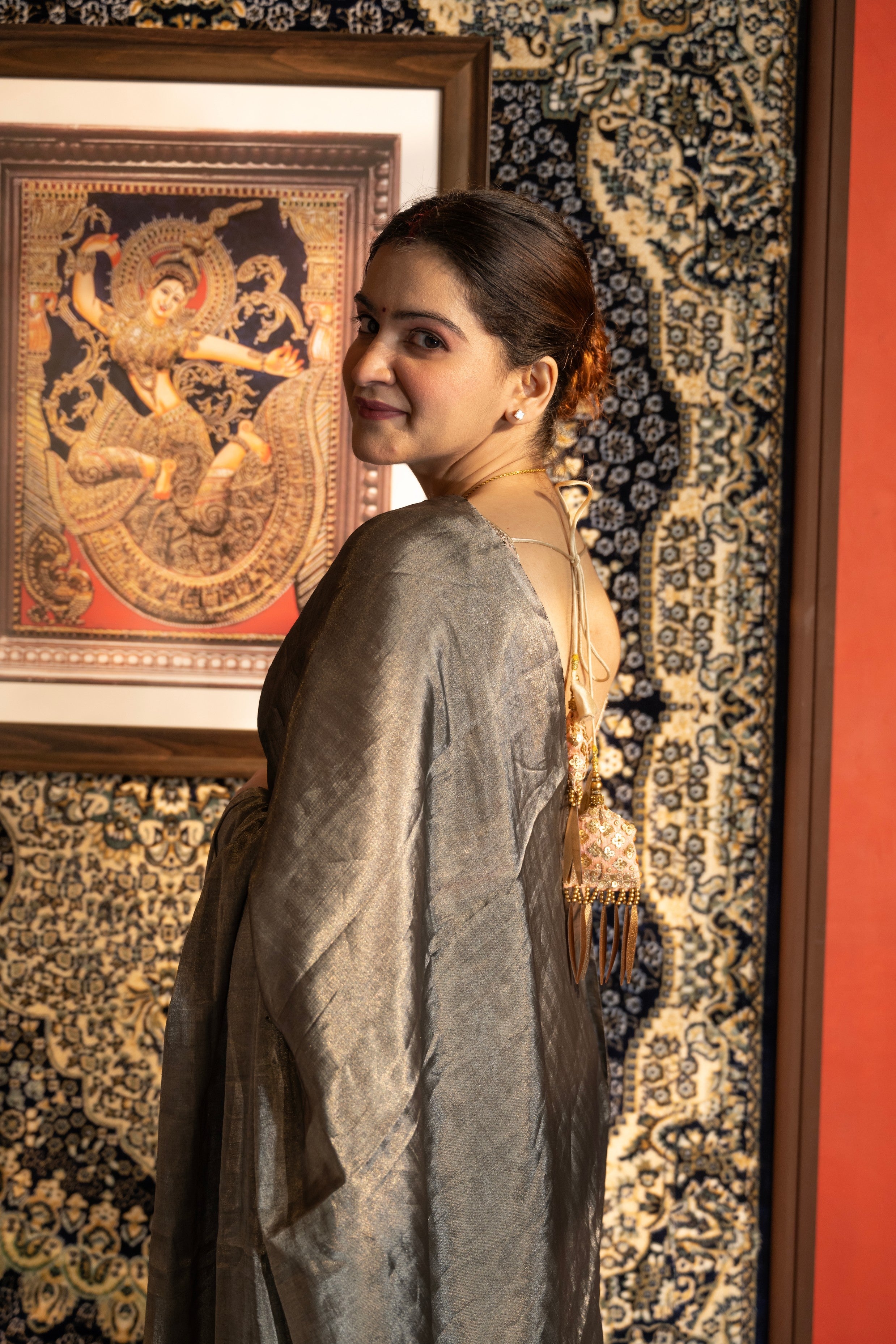 Smokey Grey Tissue Zari Pure Chanderi handloom Saree