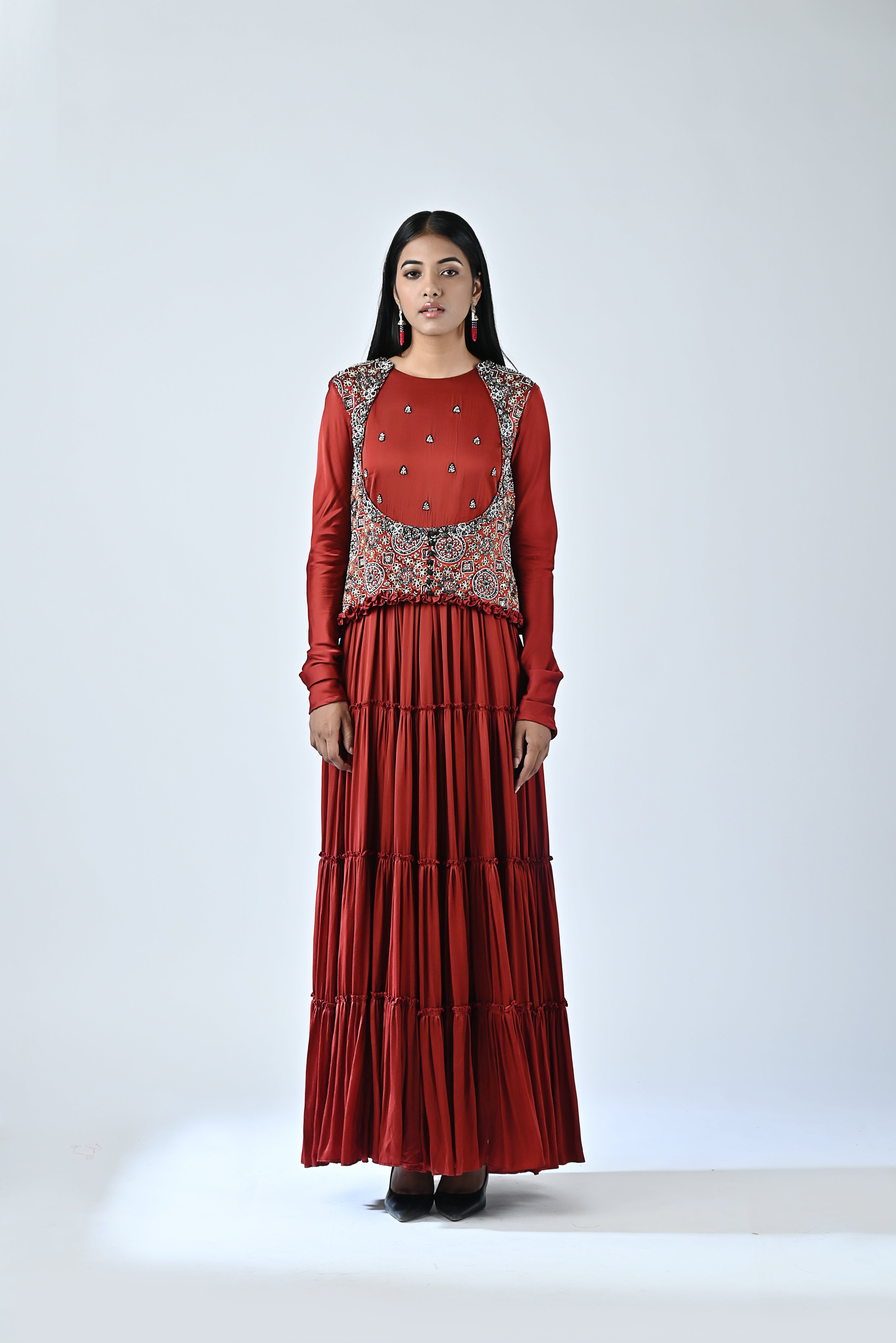 Red ajrakh embroidered tiered dress